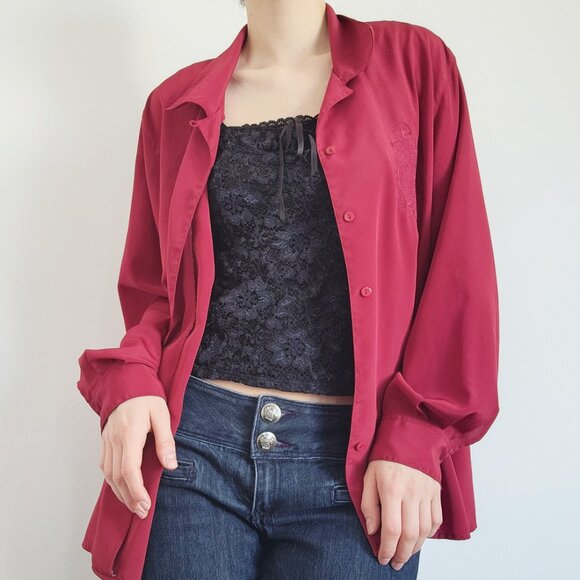 Vintage 90s Liz Moody classic french red puffy long sleeved button-up shirt - Picture 3 of 16